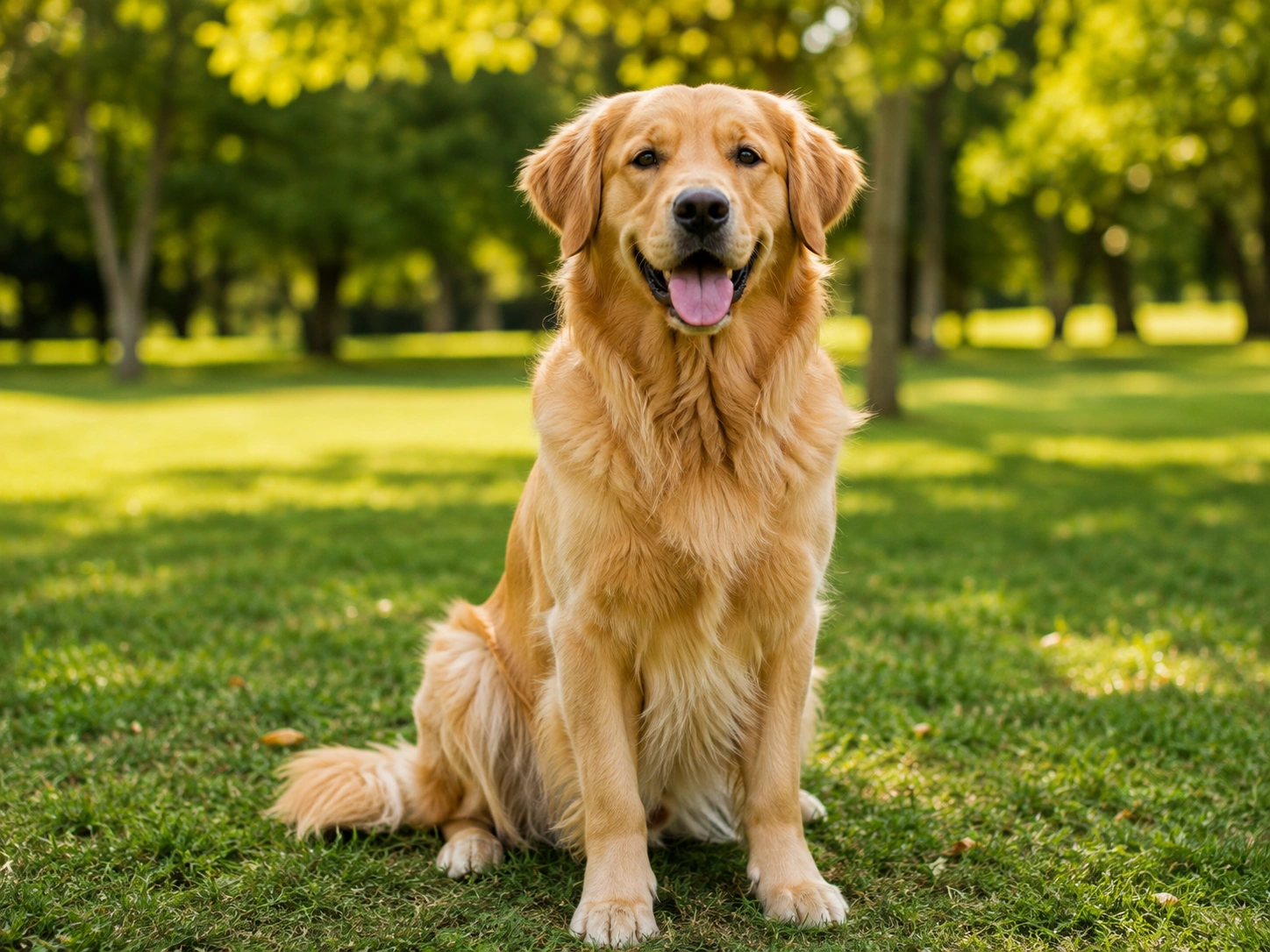 Golden retriever sitting on grass in a sunny park