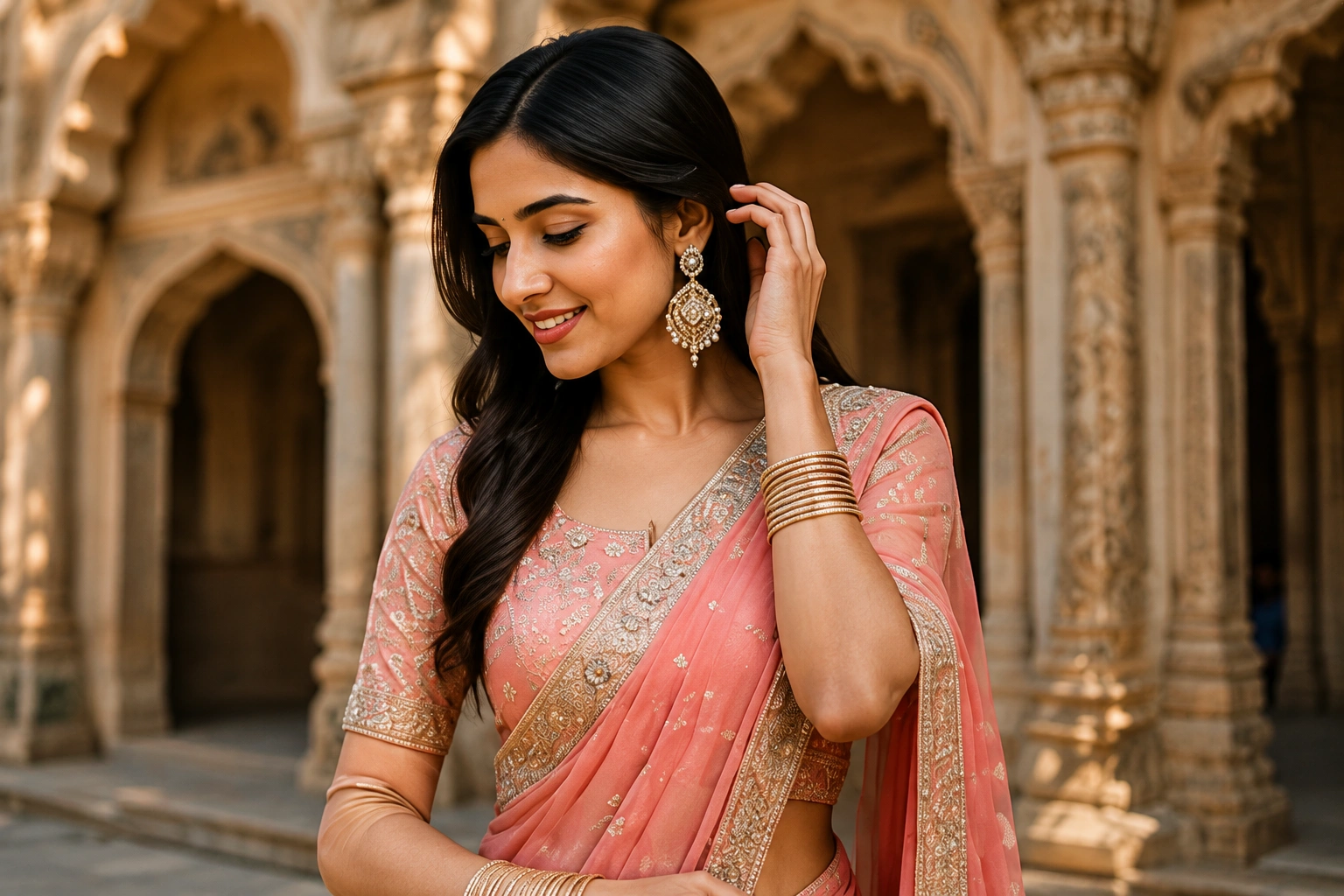 Woman wearing traditional Indian attire image caption in Bengali