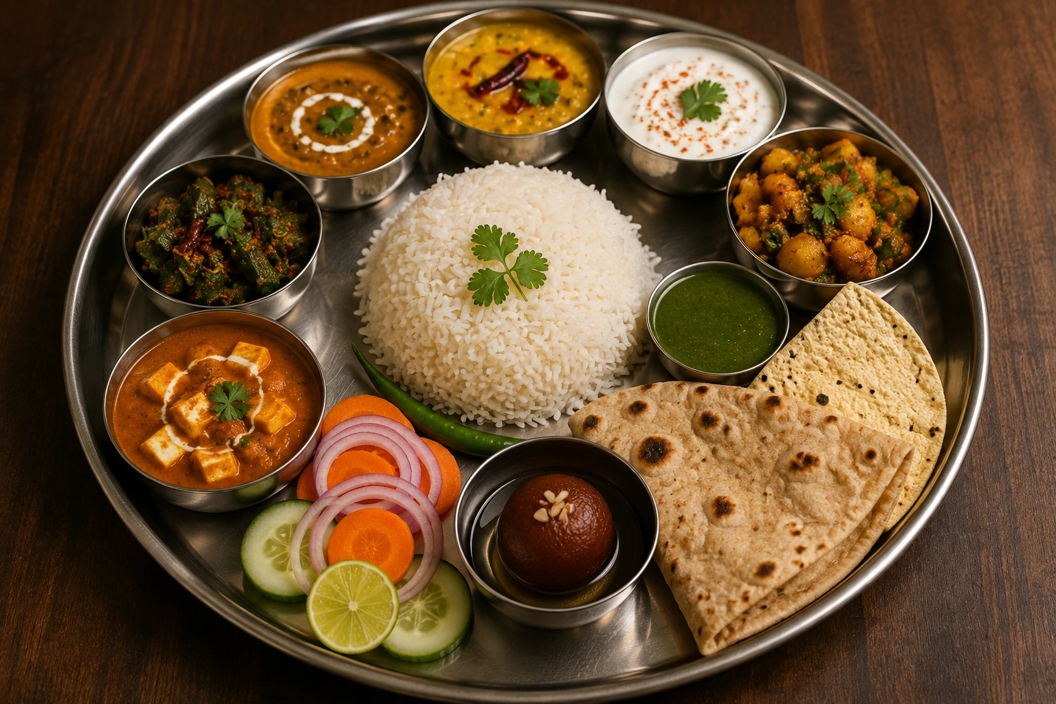 Indian thali food platter image caption in English