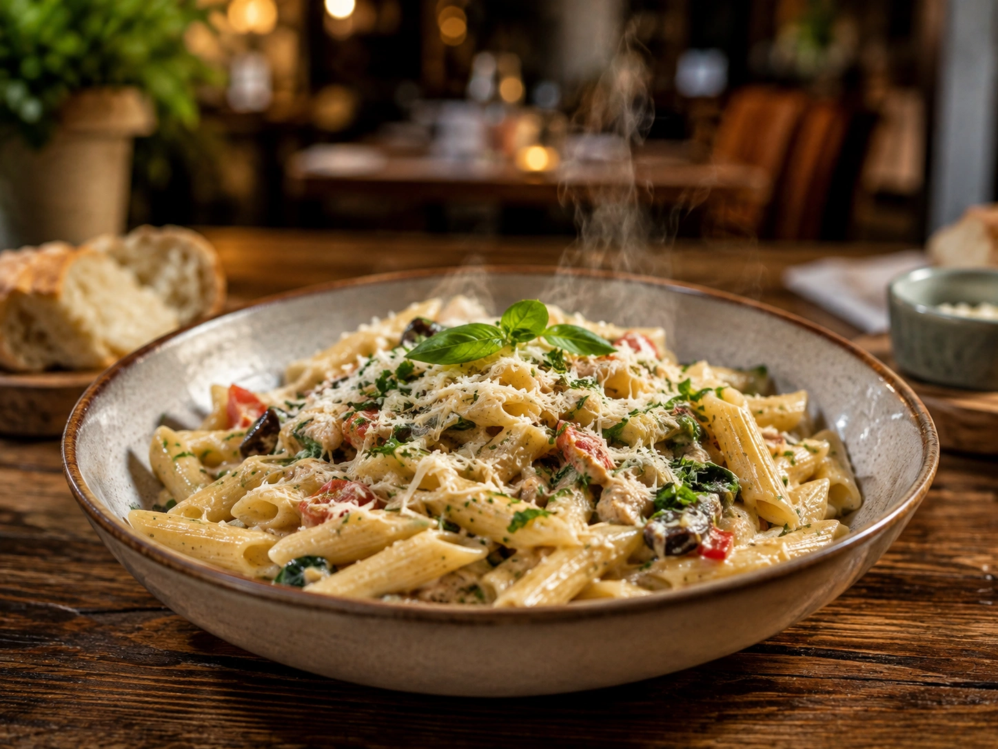 Bowl of creamy penne pasta with herbs and vegetables