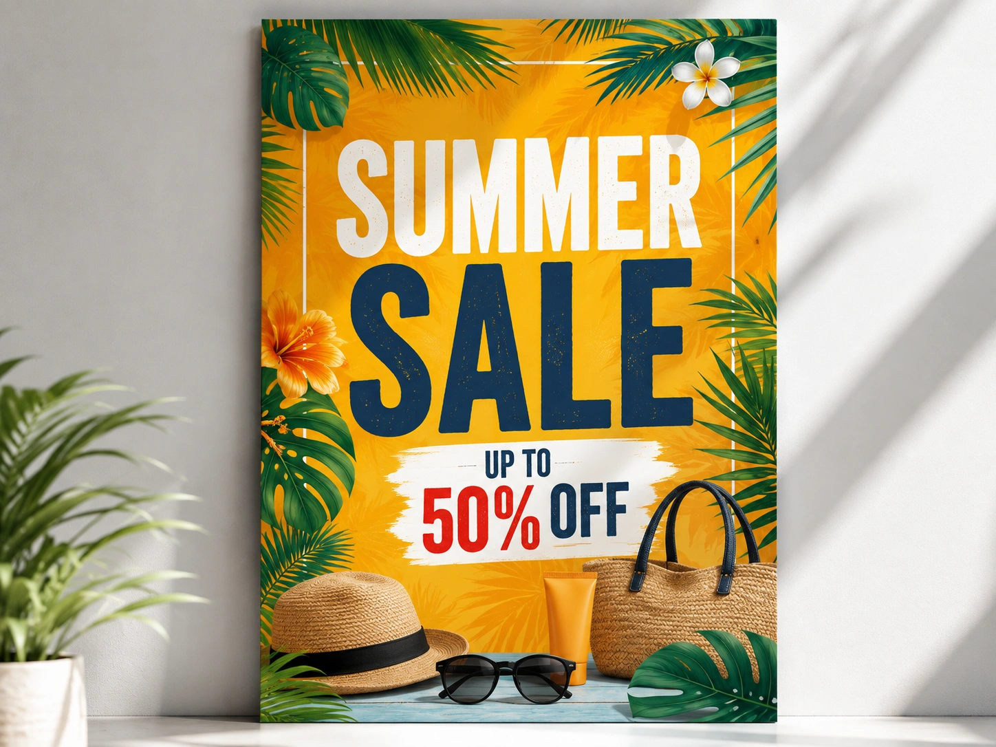 Summer sale promotional poster with beach accessories