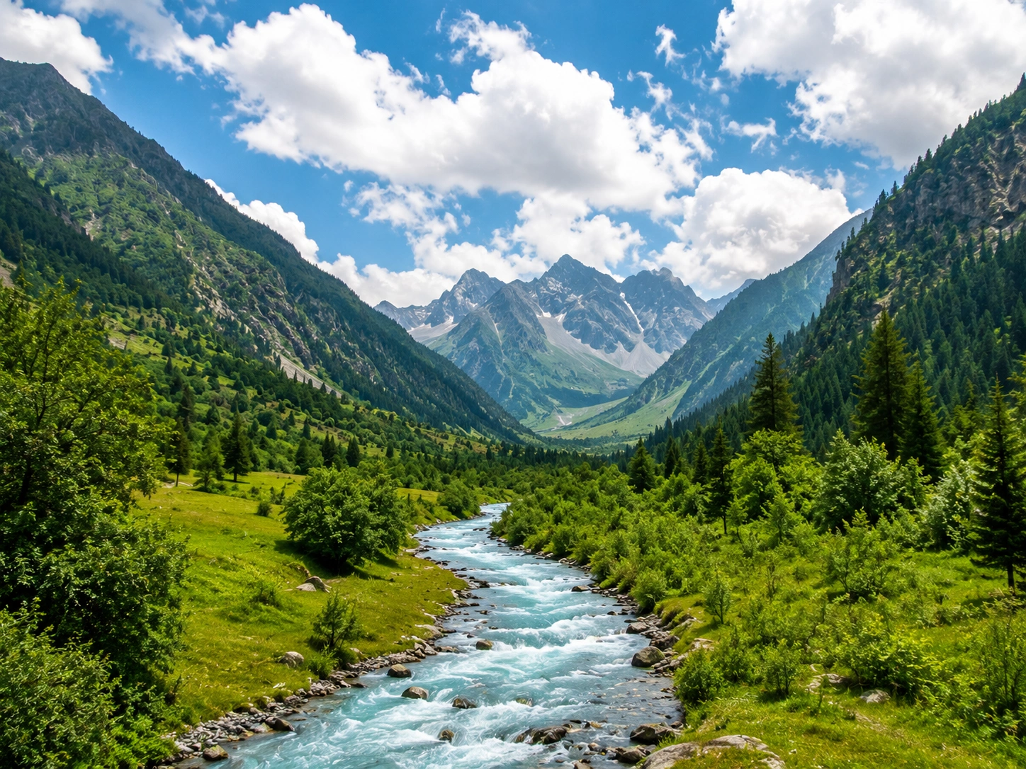 Green mountain valley with a blue river