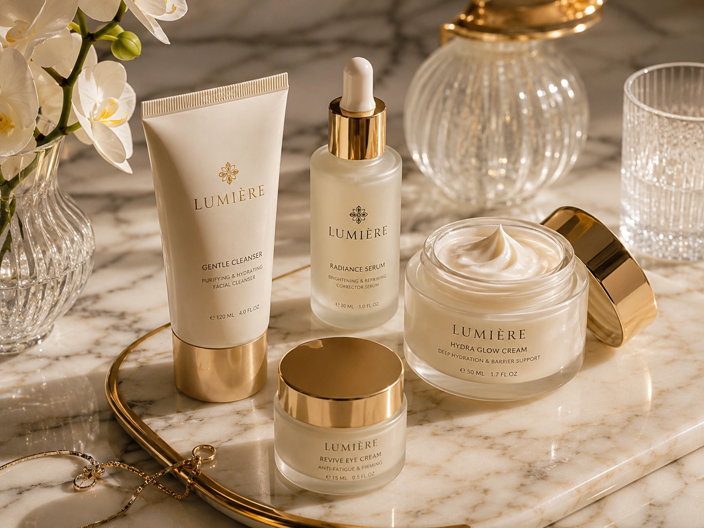 Skincare product on marble surface used as an image to prompt example