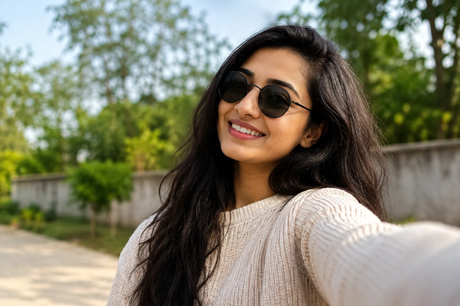 Woman taking a selfie image caption in Hinglish