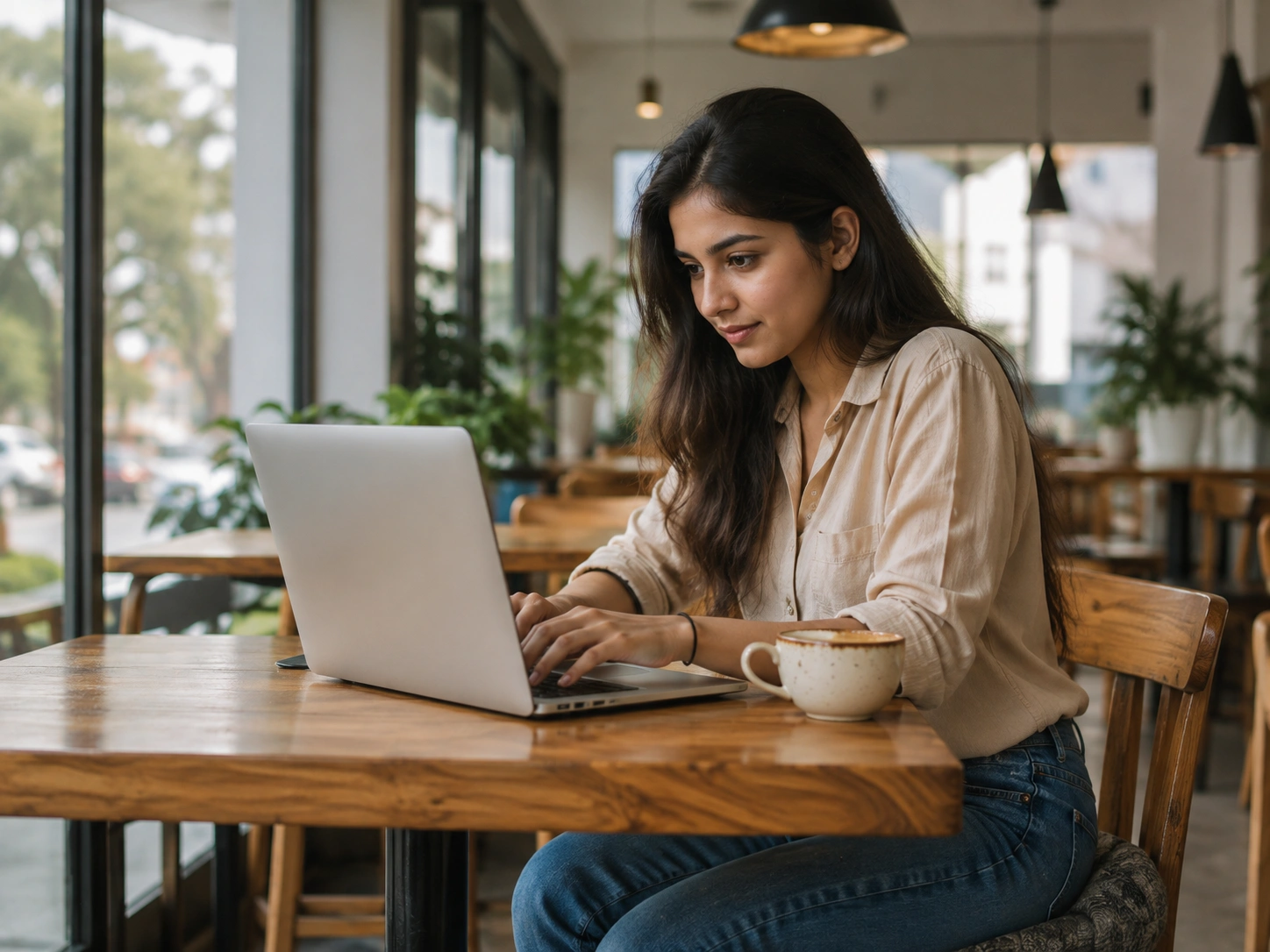 Woman working on a laptop in a modern café
